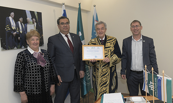 Prof. Yakubov, HIT's president except Certificate of Appreciation from Prof. Hamidov, Rector Bukhara State University, Prof. Maksudova, Deputy Chairman Friendship Society Uzbekistan-Israel, Ministry of Higher Education of Uzbekistan, Mr.  Goldberg CEO